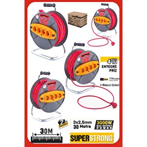 30 Metre Makaralı Uzatma Kablosu 3x2.5 Mm² – 4 Prizli Seyyar Uzatma Kablosu