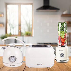 Retro Kahvaltı Seti Su Isıtıcı Kettle + Smoothie Blender + Ekmek Kızartma Makinesi (bej)