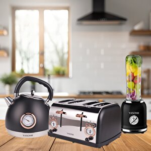 Premium Kahvaltı Seti Su Isıtıcı Kettle + Smoothie Blender + Ekmek Kızartma Makinesi (siyah)
