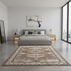 Kahve Otantik Halı Dijital Baskılı, Kaymaz Tabanlı, Yıkanabilir Leke Tutmaz Antibakteriyel 120x950 cm