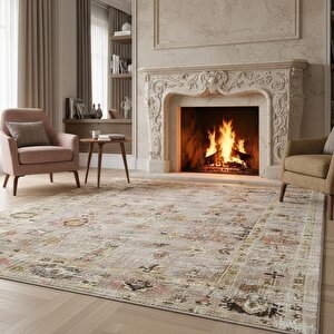 Bej Otantik Eskitme Halı Dijital Baskılı Modern Kaymaz Tabanlı Yıkanabilir Leke Tutmaz Antibakteriyel 120x550 cm