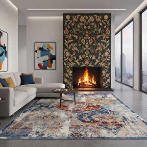 Mavi Turuncu Modern Vintage Dijital Baskılı, Kaymaz Tabanlı, Yıkanabilir Antibakteriyel Halı 80x50 cm