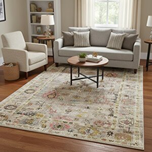 Bej Otantik Eskitme Halı Dijital Baskılı Modern Kaymaz Tabanlı Yıkanabilir Leke Tutmaz Antibakteriyel 100x600 cm