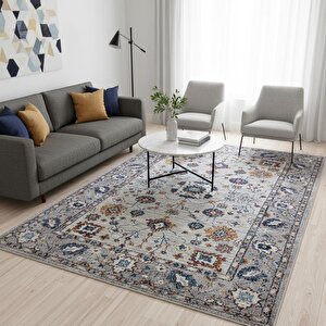 Gri Otantik Halı Dijital Baskılı, Kaymaz Tabanlı, Yıkanabilir Leke Tutmaz Antibakteriyel Halı 80x750 cm