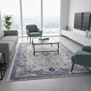 Mavi Gri Otantik Eskitme Halı Dijital Baskılı Kaymaz Tabanlı Yıkanabilir Leke Tutmaz Antibakteriyel 120x180 cm