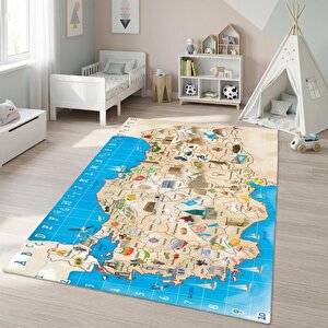 Türkiye Haritası Desenli Eğitici Çocuk Halısı – Kaymaz Tabanlı Yıkanabilir Dijital Baskı 80x600 cm