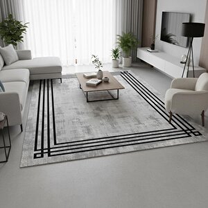 Gri Siyah Halı Dijital Baskılı Modern Çizgili Kaymaz Tabanlı Yıkanabilir Leke Tutmaz Antibakteriyel 120x800 cm