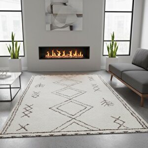 Krem Kahve İskandinav Boho Tarzı Halı Dijital Baskılı Kaymaz Tabanlı Yıkanabilir Leke Tutmaz Antibakteriyel 160x230 cm