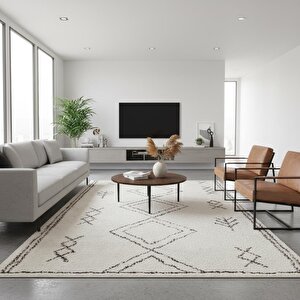 Krem Kahve İskandinav Boho Tarzı Halı Dijital Baskılı Kaymaz Tabanlı Yıkanabilir Leke Tutmaz Antibakteriyel 160x230 cm