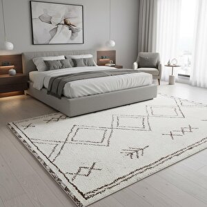 Krem Kahve İskandinav Boho Tarzı Halı Dijital Baskılı Kaymaz Tabanlı Yıkanabilir Leke Tutmaz Antibakteriyel 160x230 cm