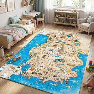 Türkiye Haritası Desenli Eğitici Çocuk Halısı – Kaymaz Tabanlı Yıkanabilir Dijital Baskı 100x150 cm