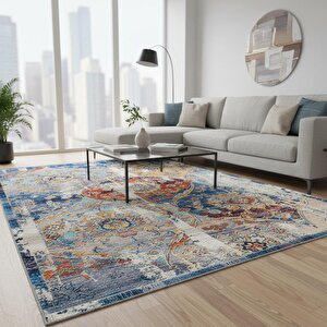 Mavi Turuncu Modern Vintage Dijital Baskılı, Kaymaz Tabanlı, Yıkanabilir Antibakteriyel Halı 120x550 cm