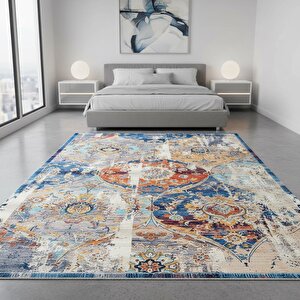 Mavi Turuncu Modern Vintage Dijital Baskılı, Kaymaz Tabanlı, Yıkanabilir Antibakteriyel Halı 120x550 cm