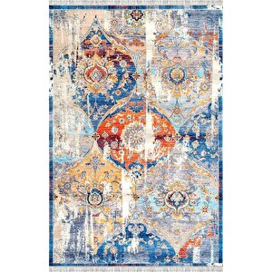 Mavi Turuncu Modern Vintage Dijital Baskılı, Kaymaz Tabanlı, Yıkanabilir Antibakteriyel Halı