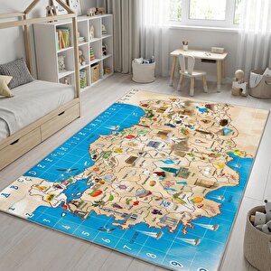 Türkiye Haritası Desenli Eğitici Çocuk Halısı – Kaymaz Tabanlı Yıkanabilir Dijital Baskı 100x300 cm