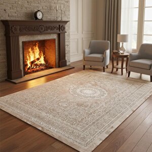 Bej Klasik Motifli Dijital Baskılı, Kaymaz Tabanlı, Yıkanabilir Ve Leke Tutmaz Antibakteriyel Halı 80x600 cm
