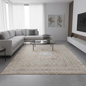 Bej Klasik Motifli Dijital Baskılı, Kaymaz Tabanlı, Yıkanabilir Ve Leke Tutmaz Antibakteriyel Halı 80x600 cm