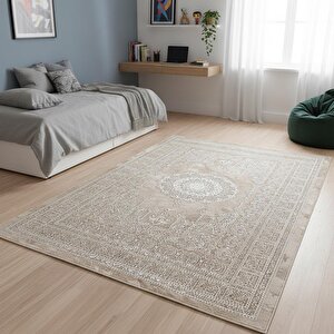 Bej Klasik Motifli Dijital Baskılı, Kaymaz Tabanlı, Yıkanabilir Ve Leke Tutmaz Antibakteriyel Halı 80x600 cm