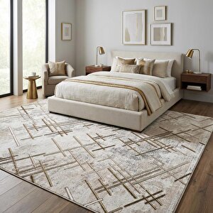 Çapraz Çizgi Desenli Modern Dijital Baskılı Kaymaz Tabanlı Yıkanabilir Halı – Bej Kahve Tonlarda 200x200 cm