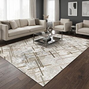 Çapraz Çizgi Desenli Modern Dijital Baskılı Kaymaz Tabanlı Yıkanabilir Halı – Bej Kahve Tonlarda 200x200 cm