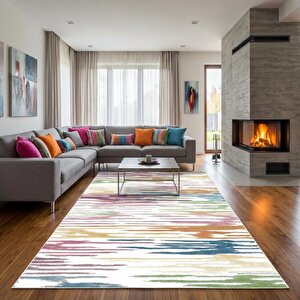 Renkli Fırça Desenli Modern Dijital Baskılı Kaymaz Tabanlı Yıkanabilir Halı – Beyaz Zemin 80x50 cm