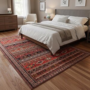 Kırmızı Kahve Dijital Baskılı Etnik Desenli Kaymaz Tabanlı Yıkanabilir Leke Tutmaz Antibakteriyel Halı 120x750 cm