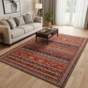 Kırmızı Kahve Dijital Baskılı Etnik Desenli Kaymaz Tabanlı Yıkanabilir Leke Tutmaz Antibakteriyel Halı 120x750 cm