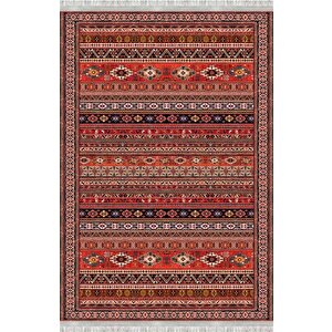 Kırmızı Kahve Dijital Baskılı Etnik Desenli Kaymaz Tabanlı Yıkanabilir Leke Tutmaz Antibakteriyel Halı
