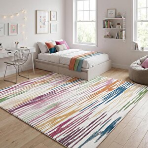 Renkli Fırça Desenli Modern Dijital Baskılı Kaymaz Tabanlı Yıkanabilir Halı – Beyaz Zemin 200x450 cm