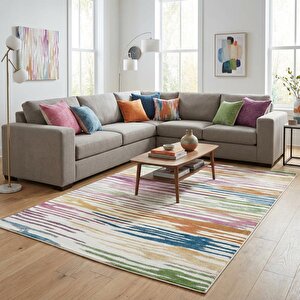 Renkli Fırça Desenli Modern Dijital Baskılı Kaymaz Tabanlı Yıkanabilir Halı – Beyaz Zemin 200x450 cm