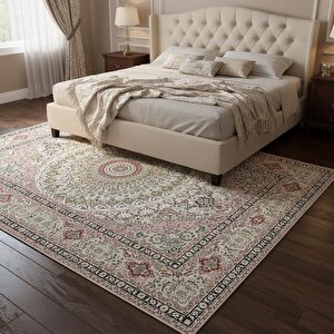 Pembe Tonlarda İran Motifli Halı Dijital Baskılı Kaymaz Tabanlı Yıkanabilir Leke Tutmaz Antibakteriyel 200x500 cm