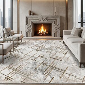 Çapraz Çizgi Desenli Modern Dijital Baskılı Kaymaz Tabanlı Yıkanabilir Halı – Bej Kahve Tonlarda 160x800 cm
