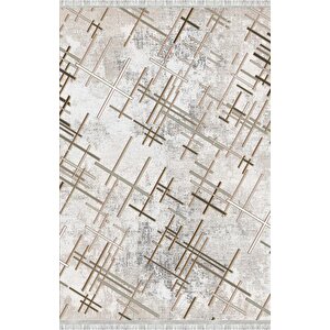 Çapraz Çizgi Desenli Modern Dijital Baskılı Kaymaz Tabanlı Yıkanabilir Halı – Bej Kahve Tonlarda