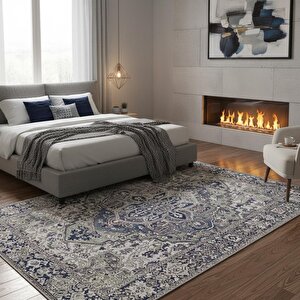 Mavi-gri Otantik Dijital Baskı Kaymaz Taban Yıkanabilir Leke Tutmaz Antibakteriyel Klasik Halı 100x400 cm