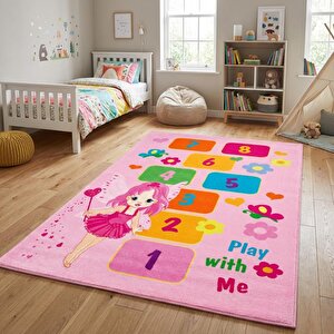 Pembe Çocuk Oyun Halısı Seksek Dijital Baskılı Kaymaz Yıkanabilir Leke Tutmaz Antibakteriyel Halı 100x700 cm