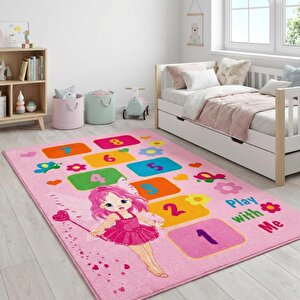 Pembe Çocuk Oyun Halısı Seksek Dijital Baskılı Kaymaz Yıkanabilir Leke Tutmaz Antibakteriyel Halı 100x300 cm