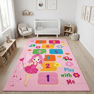 Pembe Çocuk Oyun Halısı Seksek Dijital Baskılı Kaymaz Yıkanabilir Leke Tutmaz Antibakteriyel Halı 100x300 cm