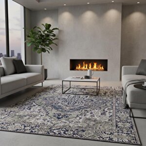 Mavi-gri Otantik Dijital Baskı Kaymaz Taban Yıkanabilir Leke Tutmaz Antibakteriyel Klasik Halı 160x400 cm