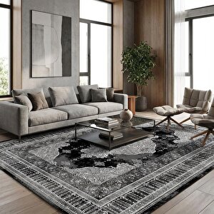 Gri Siyah Klasik Desenli Dijital Baskılı, Kaymaz Tabanlı, Yıkanabilir Ve Leke Tutmaz Halı 200x1000 cm