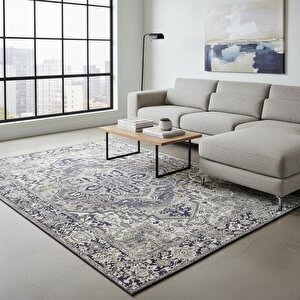 Mavi-gri Otantik Dijital Baskı Kaymaz Taban Yıkanabilir Leke Tutmaz Antibakteriyel Klasik Halı 80x550 cm