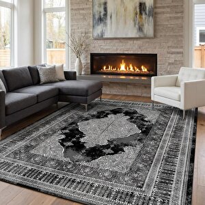 Gri Siyah Klasik Desenli Dijital Baskılı, Kaymaz Tabanlı, Yıkanabilir Ve Leke Tutmaz Halı 200x400 cm