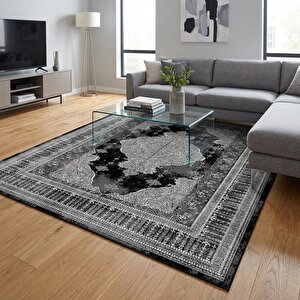 Gri Siyah Klasik Desenli Dijital Baskılı, Kaymaz Tabanlı, Yıkanabilir Ve Leke Tutmaz Halı 200x400 cm