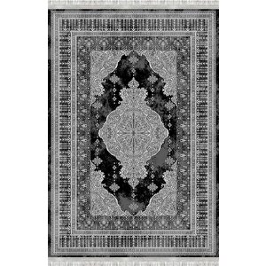 Gri Siyah Klasik Desenli Dijital Baskılı, Kaymaz Tabanlı, Yıkanabilir Ve Leke Tutmaz Halı