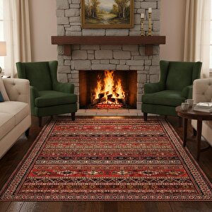 Kırmızı Kahve Dijital Baskılı Etnik Desenli Kaymaz Tabanlı Yıkanabilir Leke Tutmaz Antibakteriyel Halı 80x800 cm