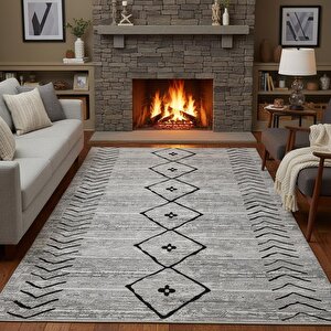 Gri Siyah İskandinav Boho Tarzı Halı Dijital Baskılı Kaymaz Tabanlı Yıkanabilir Leke Tutmaz Antibakteriyel 120x500 cm