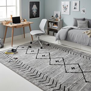 Gri Siyah İskandinav Boho Tarzı Halı Dijital Baskılı Kaymaz Tabanlı Yıkanabilir Leke Tutmaz Antibakteriyel 120x500 cm