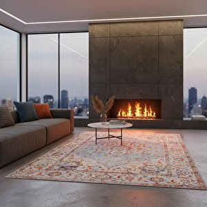 Mavi Turuncu Vintage Desenli Dijital Baskılı, Kaymaz Tabanlı, Yıkanabilir Antibakteriyel Halı 120x500 cm