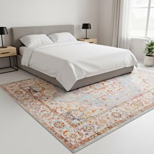 Mavi Turuncu Vintage Desenli Dijital Baskılı, Kaymaz Tabanlı, Yıkanabilir Antibakteriyel Halı 120x500 cm