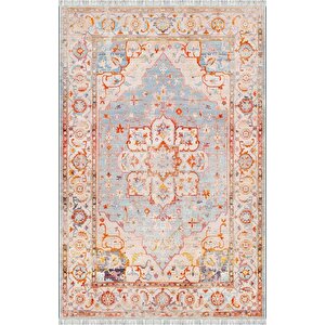 Mavi Turuncu Vintage Desenli Dijital Baskılı, Kaymaz Tabanlı, Yıkanabilir Antibakteriyel Halı