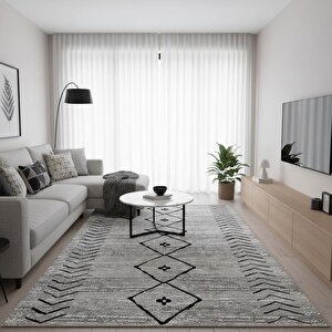 Gri Siyah İskandinav Boho Tarzı Halı Dijital Baskılı Kaymaz Tabanlı Yıkanabilir Leke Tutmaz Antibakteriyel 120x600 cm